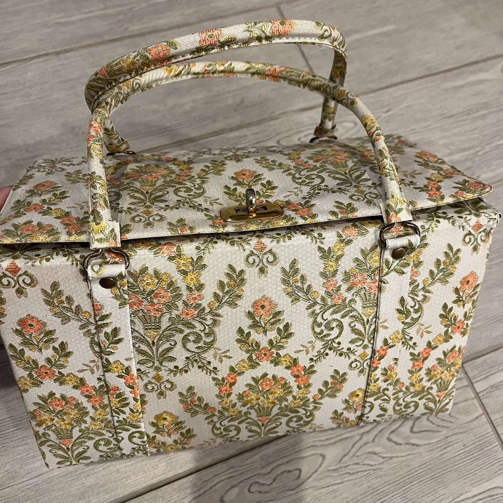 1960s Vinyl Tapestry Look Train Case  Green orange and cream floral print